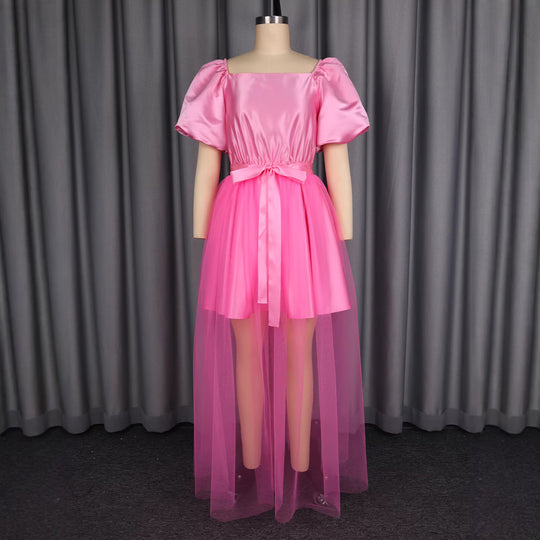 Damen Elegantes Tüllkleid mit Puffärmeln und Schleifenbindung EB