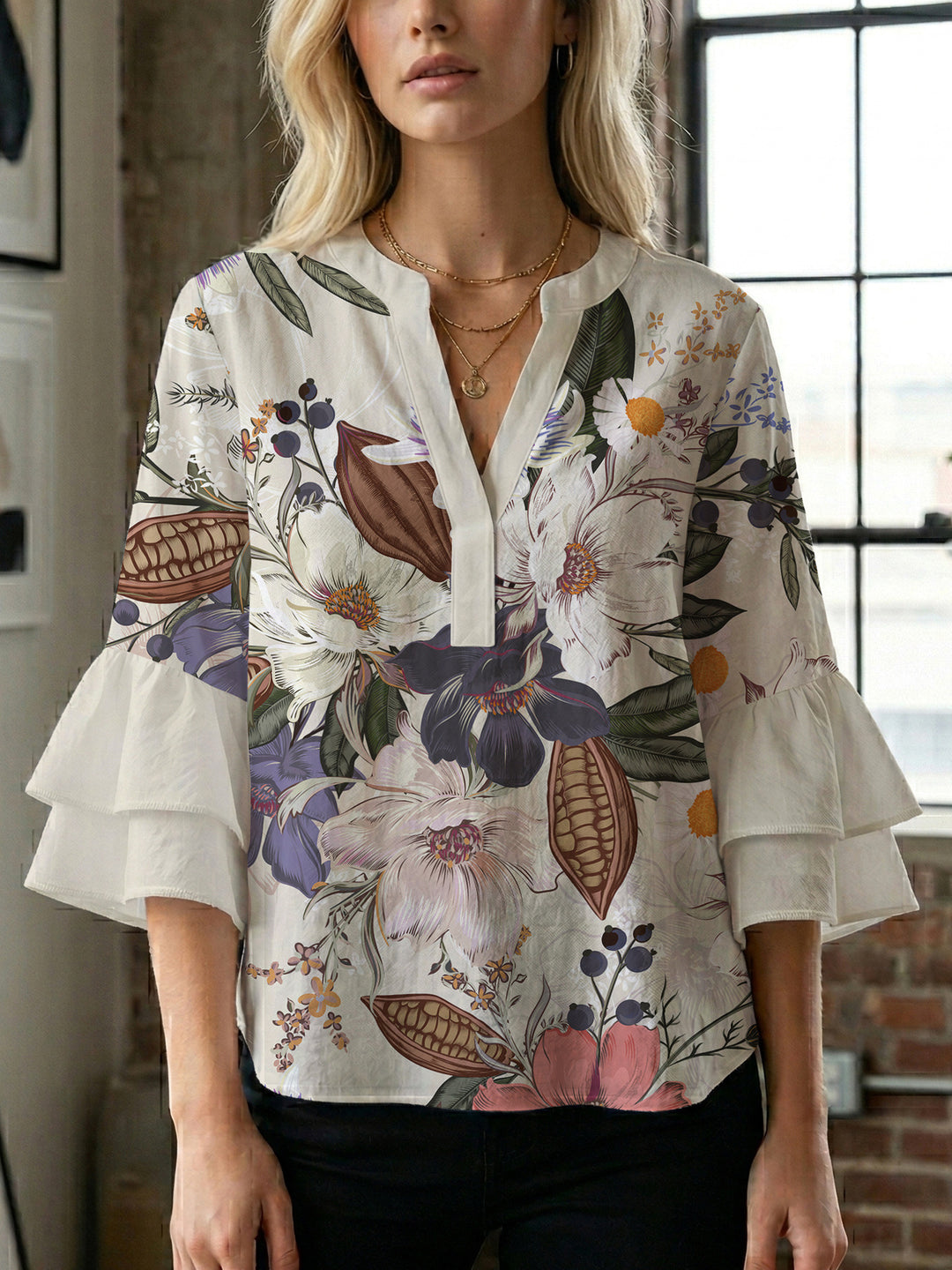 Damen Elegantes Oberteil mit voluminösen Rüchenärmeln und floralem Druck EB