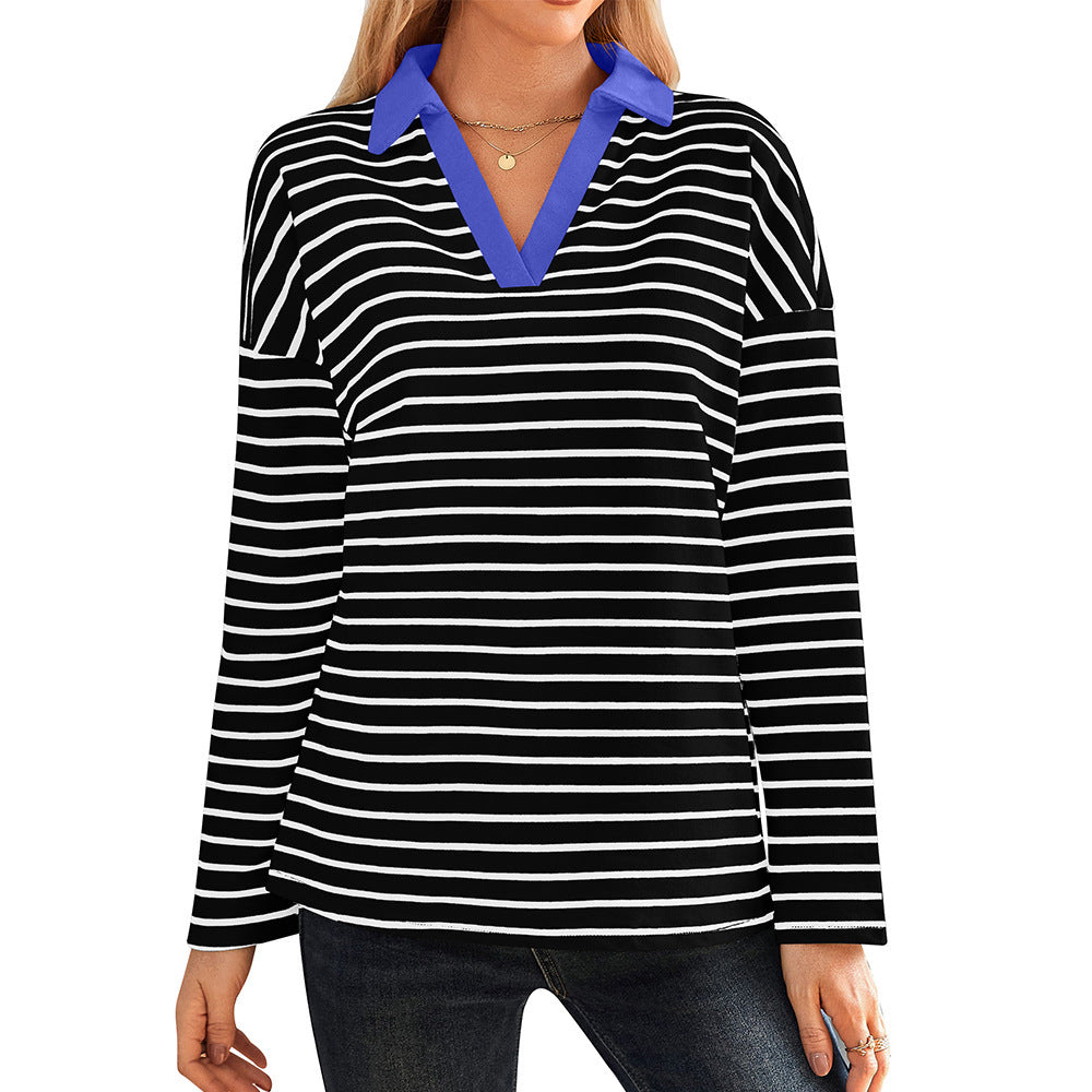 Damen gestreiftes Polo-Shirt mit V-Ausschnitt und kontrastierendem Kragen EB