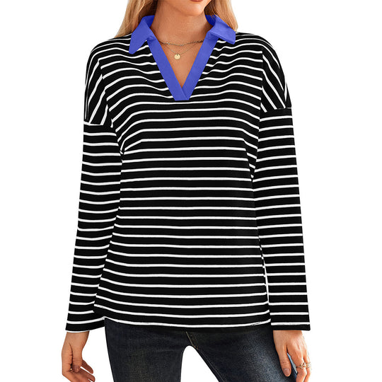Damen gestreiftes Polo-Shirt mit V-Ausschnitt und kontrastierendem Kragen EB