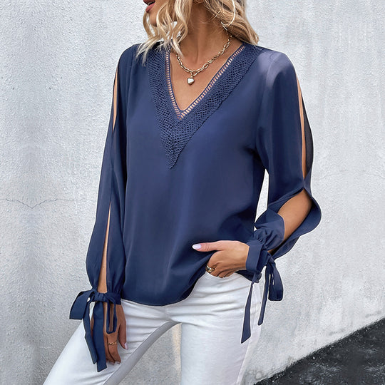 Damen elegante Bluse mit femininen Cut-Out-Ärmeln und Spitzenvorderseite EB