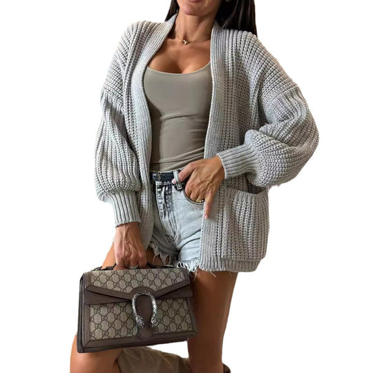Damen Strickjacke mit strukturierter Oberfläche und voluminösen Ärmeln EB
