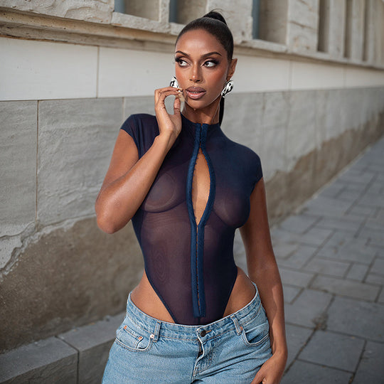 Damen Body mit transparentem Oberteil und raffiniertem Reißverschluss EB