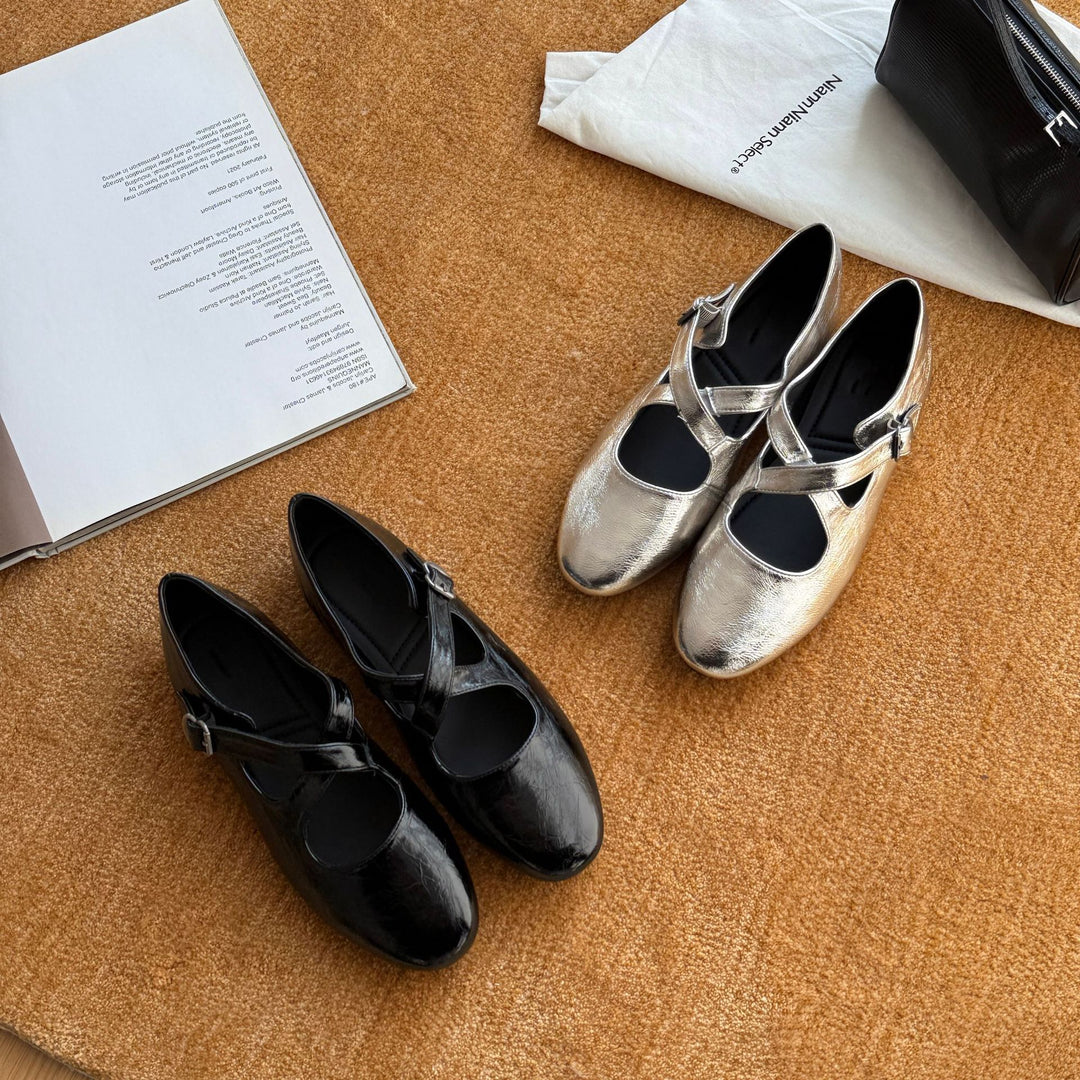 Damen Elegante und modische Mary Jane Ballerinas mit schimmerndem Riemchen EB