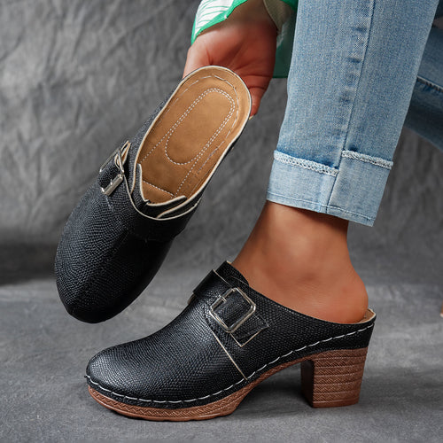 Damen Clogs mit modischem Schnallen-Design und komfortablem blockiertem Absatz EB