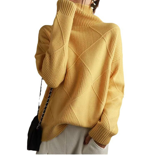 Damen hochwertiger Strickpullover mit stehendem Kragen und extravagantem Rautenmuster EB