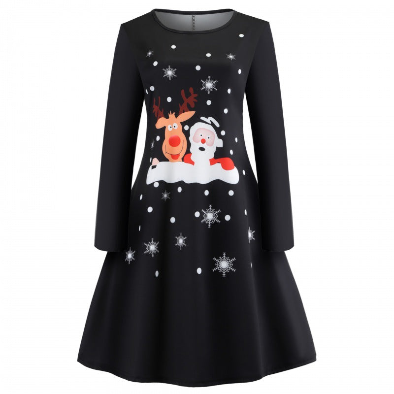 Damen Festliches A-Linien-Kleid mit Weihnachtsprint, Langarm und ausgestelltem Rock EB