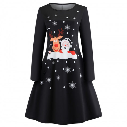 Damen Festliches A-Linien-Kleid mit Weihnachtsprint, Langarm und ausgestelltem Rock EB
