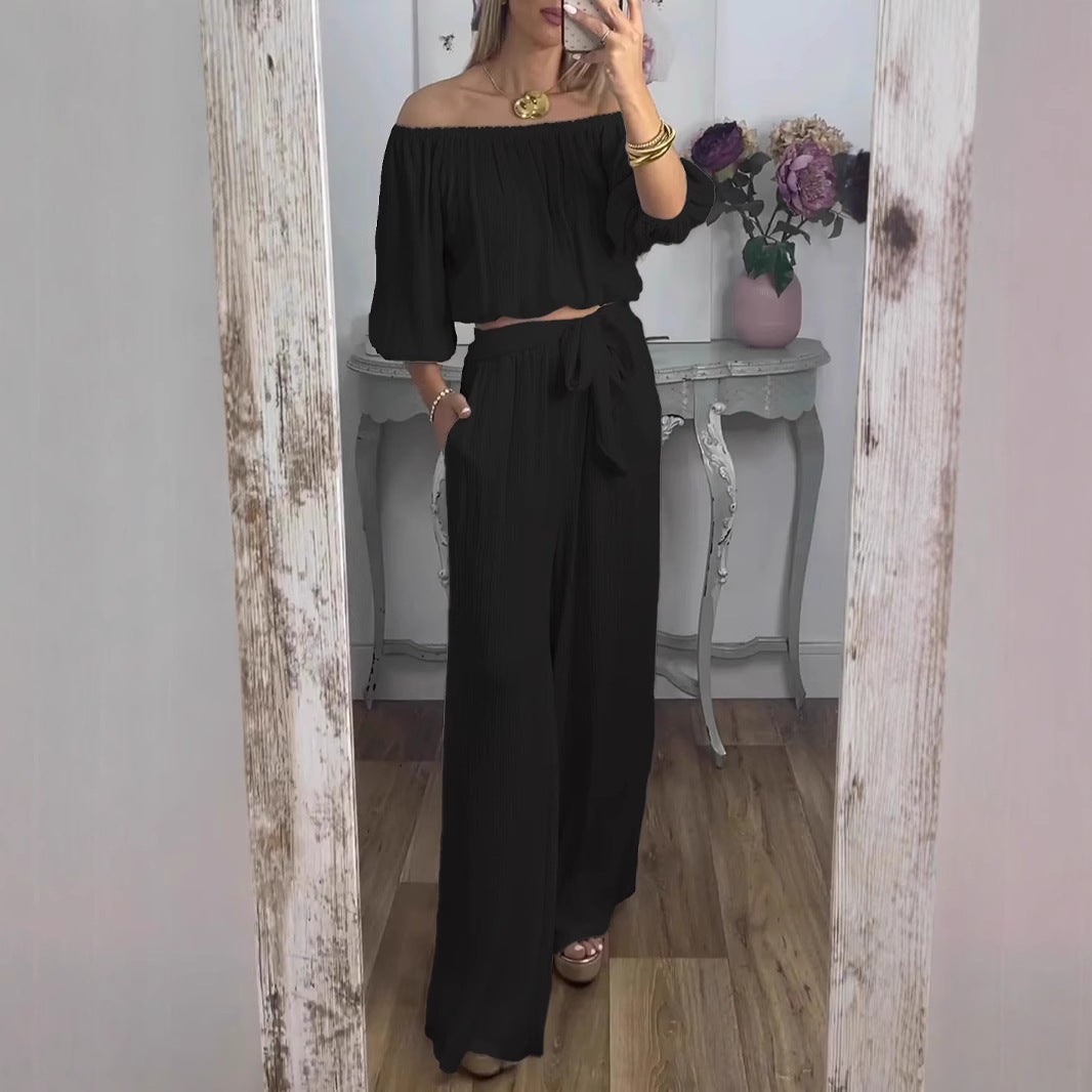 Damen Off-Shoulder Set mit weitem Hosen und taillierbarem Oberteil EB