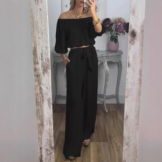 Damen Off-Shoulder Set mit weitem Hosen und taillierbarem Oberteil EB