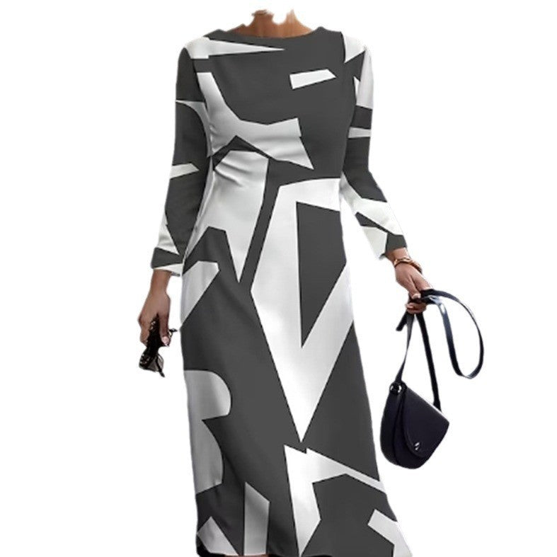 Damen Langarm Kleid mit grafischem Design und elegantem Schnitt EB