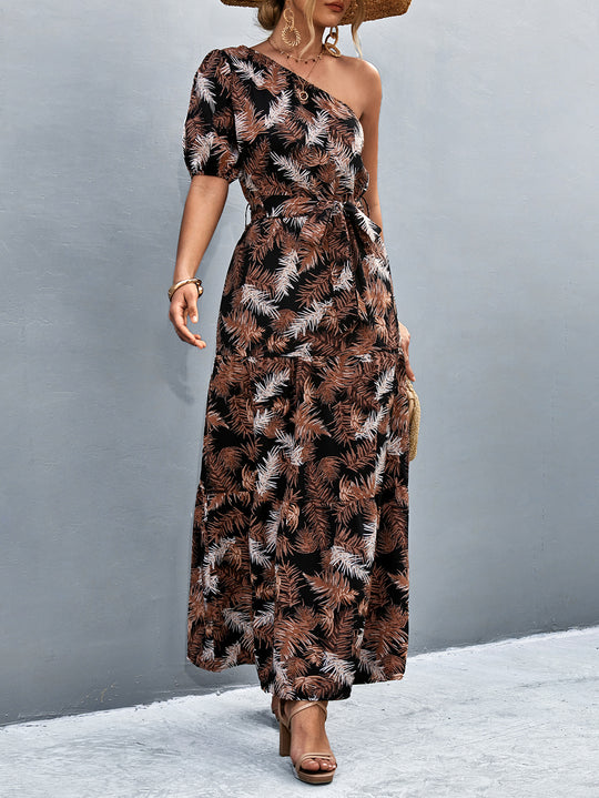 Damen Maxikleid mit asymmetrischem Schnitt und einzigartigem Palmblätterdruck EB