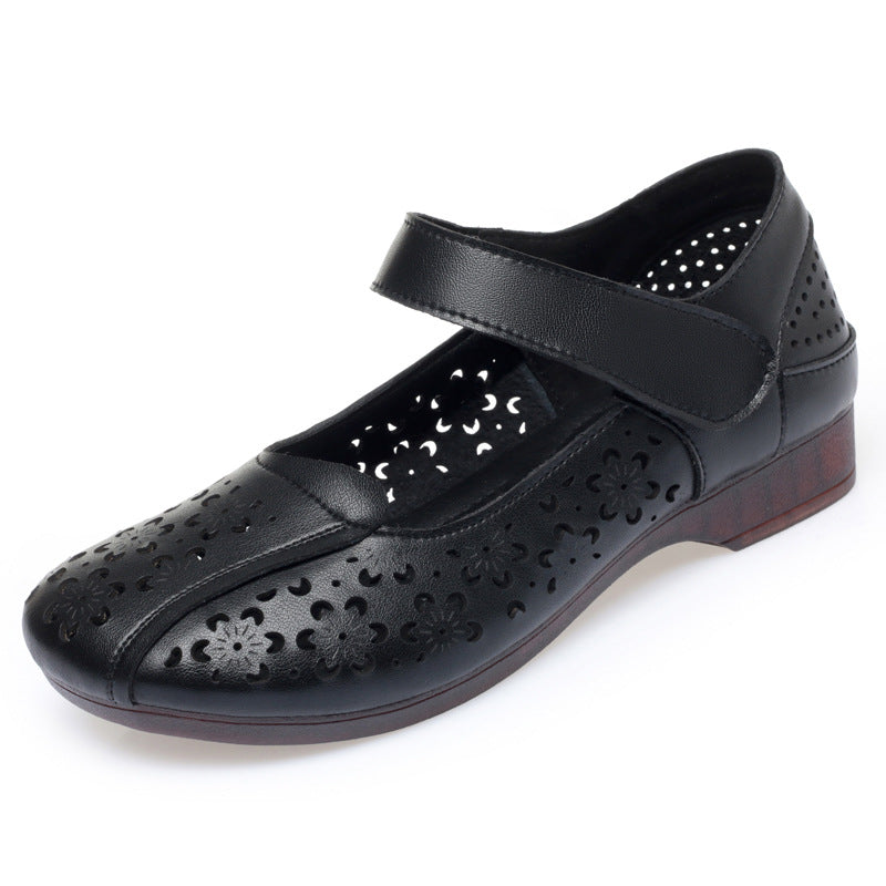 Damen Komfortable Mary Jane Ballerinas mit dekorativen Blumenperforationen und verstellbarem Riemen EB