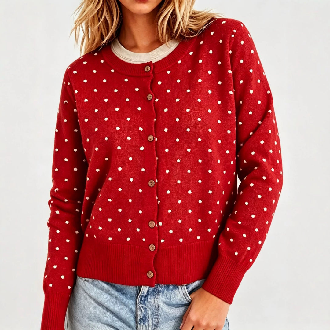 Damen Gepunktete Feinstrick-Cardigan mit Rundhals und Rippbündchen EB