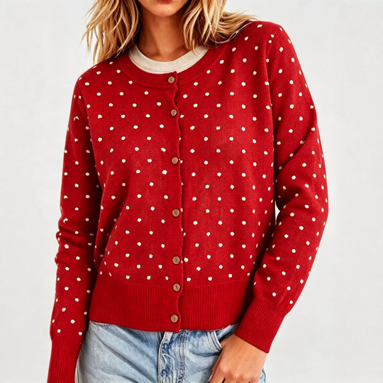 Damen Gepunktete Feinstrick-Cardigan mit Rundhals und Rippbündchen EB
