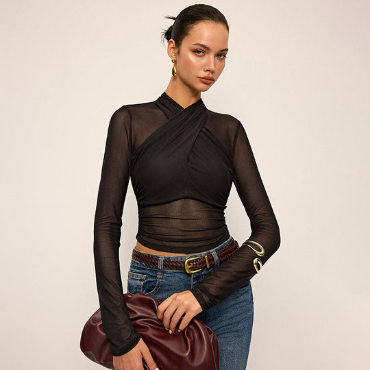 Damen Elegantes Wickeloberteil mit transparentem Stoff und langen Ärmeln EB