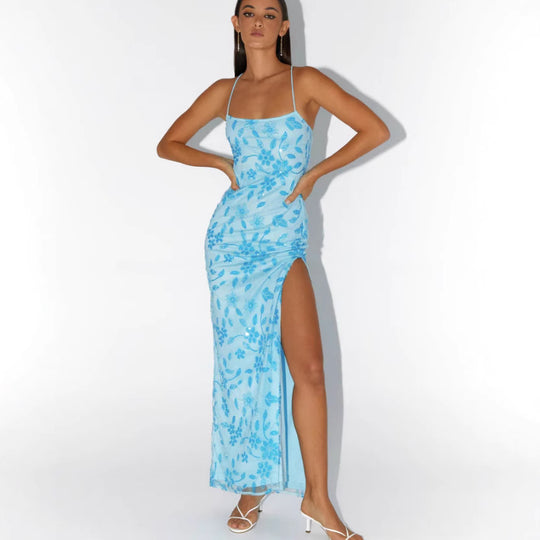 Damen Couture Maxikleid mit floralem Smock-Design und verführerischem Rücken EB