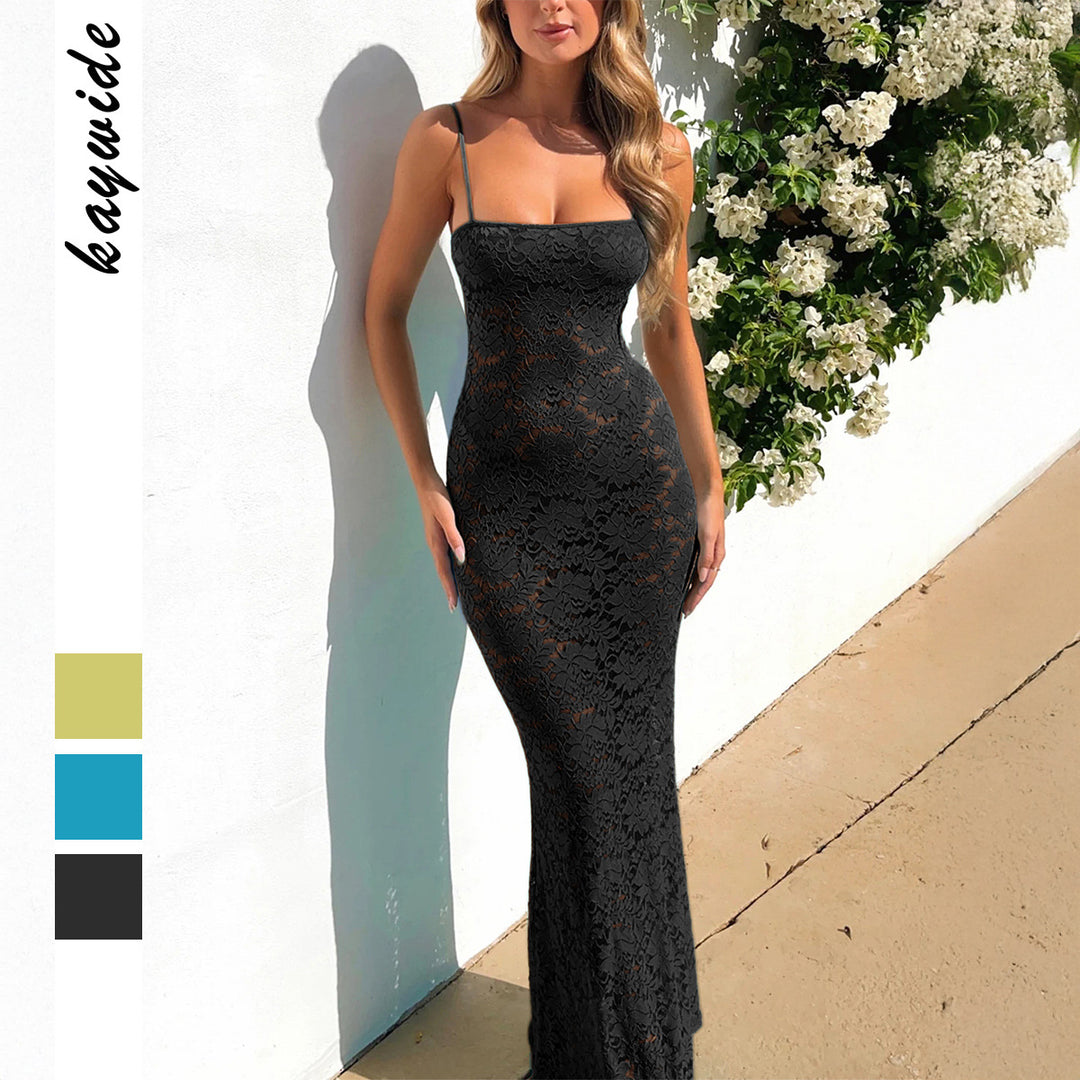 Damen Spitzen Maxikleid mit schmalen Trägern und elegantem Schnitt EB