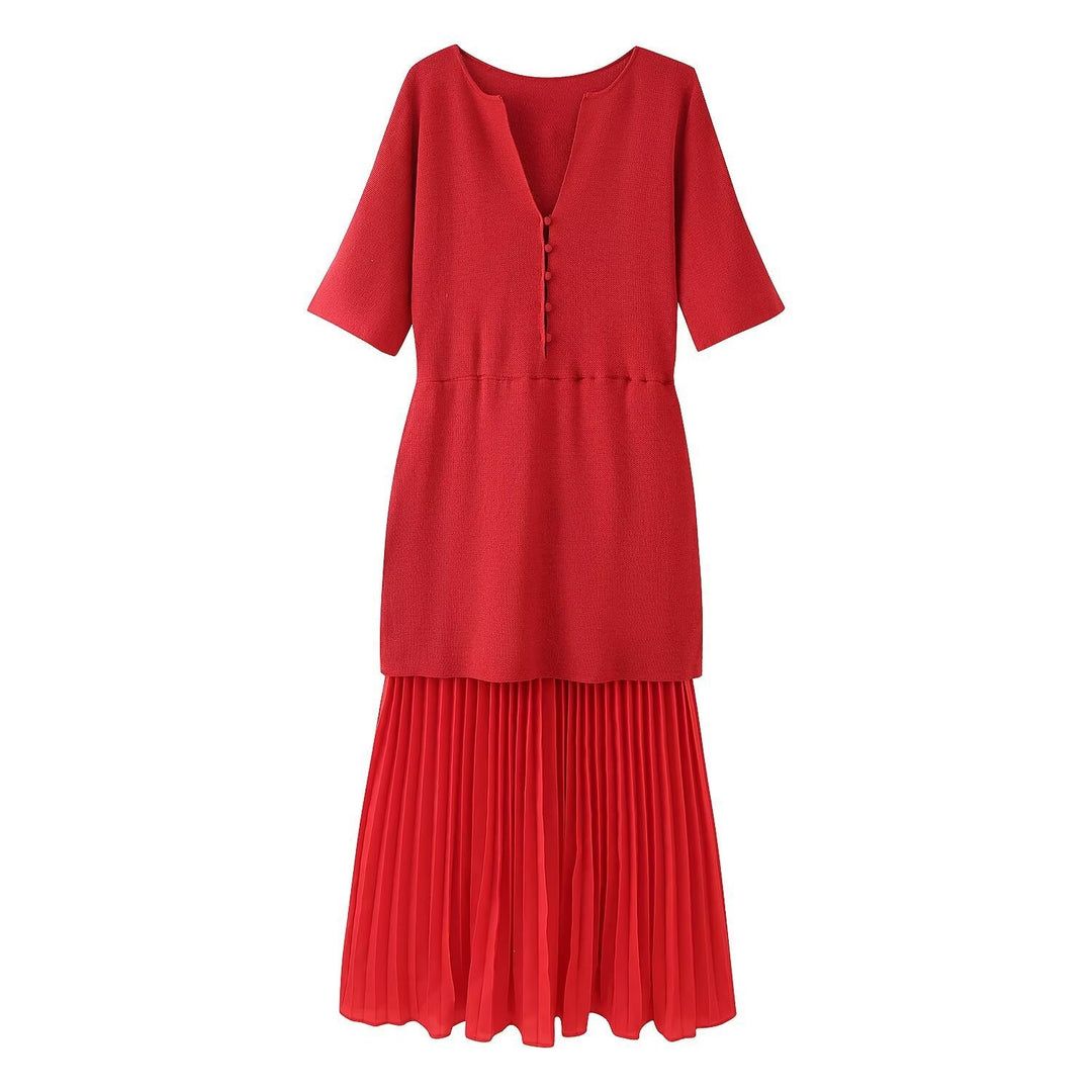 Damen elegantes Maxikleid mit plissierten Details und V-Ausschnitt EB