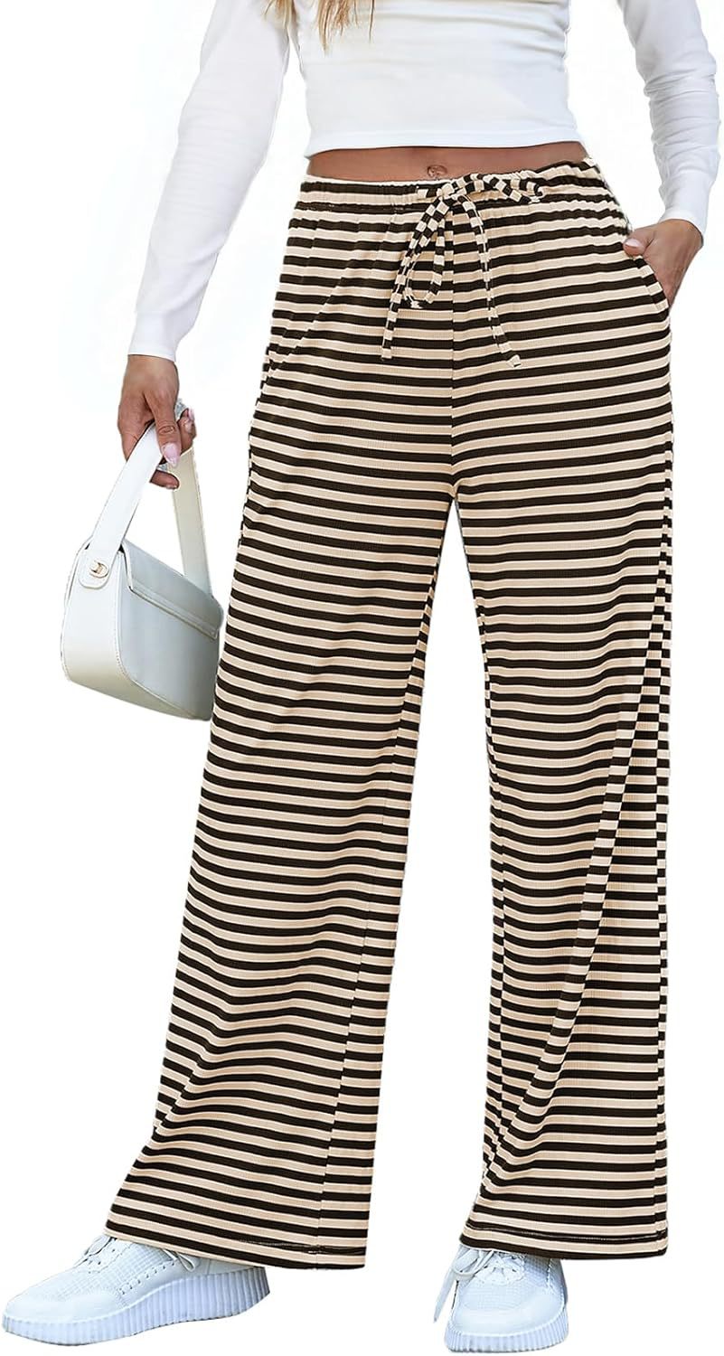 Damen weite Streifenhose mit elastischem Bund und Kordelzug EB