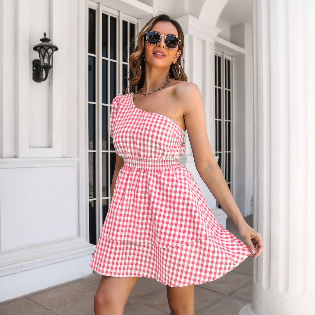 Damen Langarm-Kleid mit einseitigem Träger und lässigem Karomuster EB
