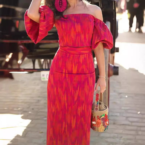 Damen figurbetontes Maxikleid mit Puffärmeln und elegantem V-Ausschnitt EB