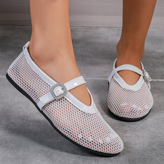 Damen atmungsaktive Ballerinas mit modischem Lochmuster und komfortablem Riemen EB