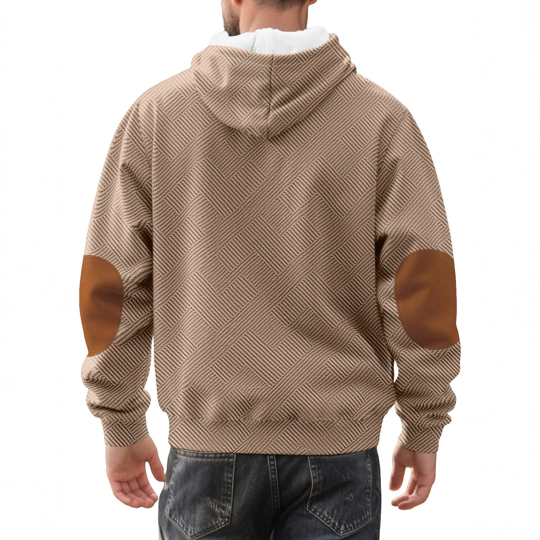 Herren nan strukturierter Kapuzen-Henley-Pullover mit Jacquardstruktur, Knopfleiste und Ellenbogenpatches EB