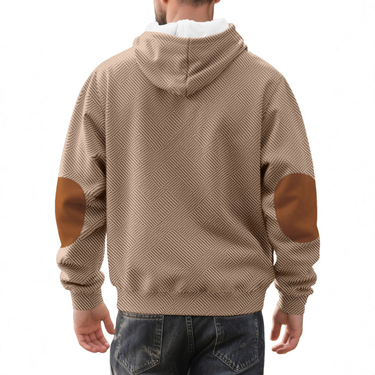 Herren nan strukturierter Kapuzen-Henley-Pullover mit Jacquardstruktur, Knopfleiste und Ellenbogenpatches EB