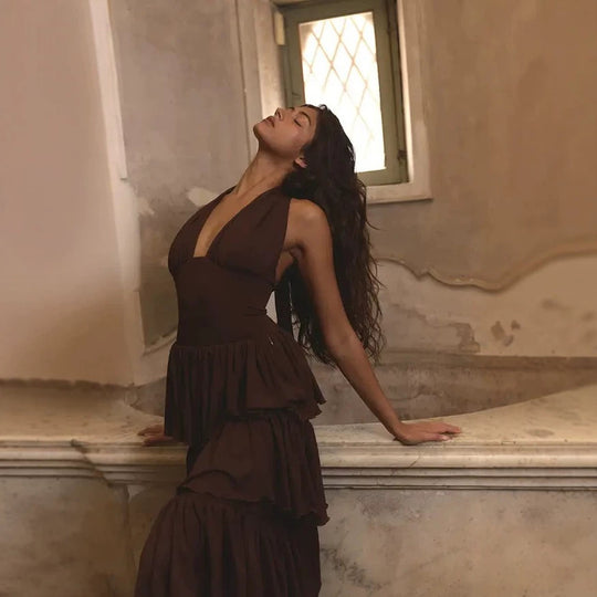 Damen Festliches Maxikleid mit Volantröcken EB