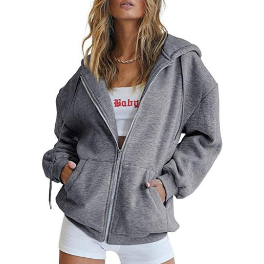 Damen nan oversized Kapuzenjacke mit durchgehendem Reißverschluss Kängurutaschen und weichem Sweatmaterial EB