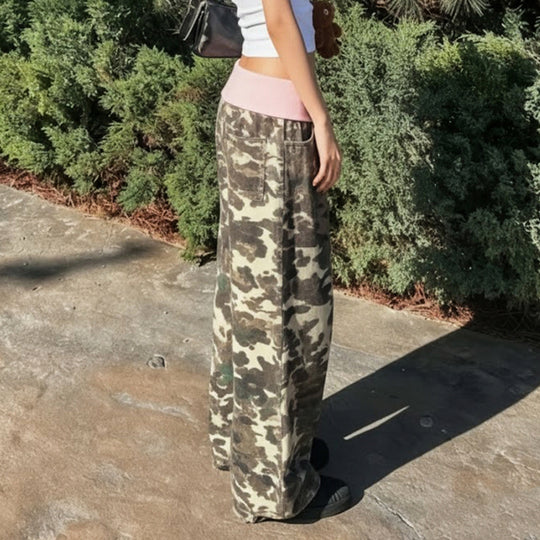 Damen nan weite Lounge-Hose mit Umschlagbund, Camouflage‑Muster und elastischem Komfortstretch EB
