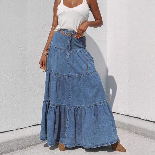 Damen Denim Maxikleid im Boho-Stil mit voluminösem Rock und Rüschen EB