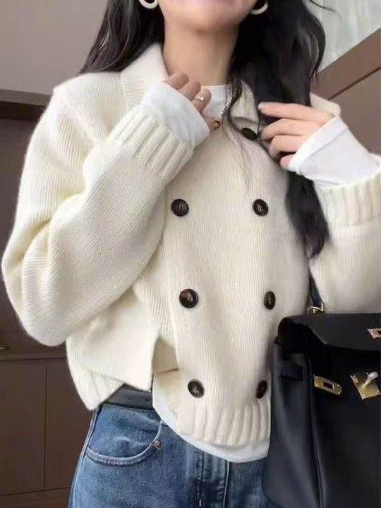 Damen Modischer Strickpullover mit doppelter Knopfleiste und Rundhalsausschnitt EB