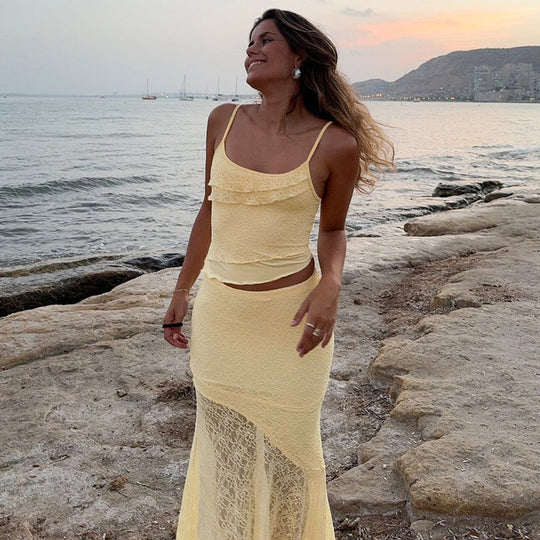 Damen Maxikleid mit transparentem Spitzensaum und raffinierten Rüschendetails EB