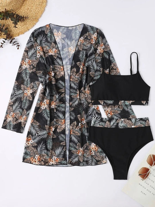 Damen Bikini-Set mit hochgeschnittenem Höschen und floralem Kimono EB