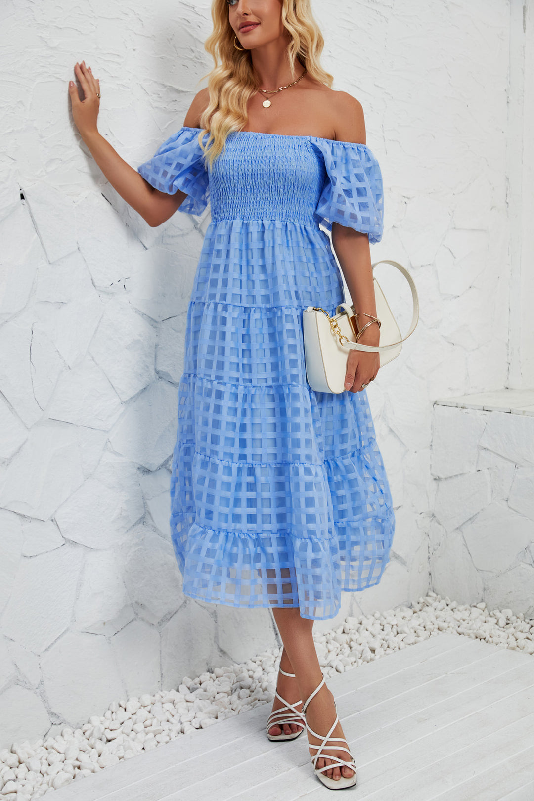Damen Midikleid mit Off-Shoulder-Design und luftigen Puffärmeln EB