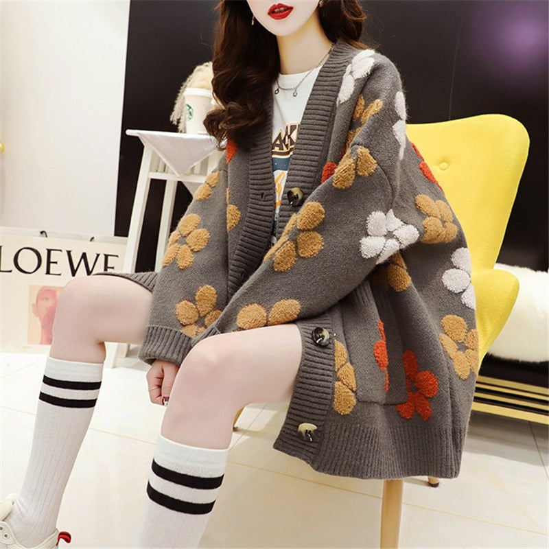 Damen Kuscheliger Strick-Cardigan mit floralen Applikationen und Knöpfen EB