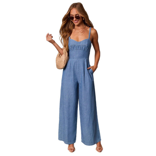 Damen lässiger Denim-Jumpsuit mit elegantem Bustier-Oberteil und weitem Bein EB