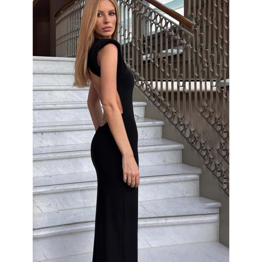 Damen Elegantes Maxikleid mit Schulterpolster und tailliertem Schnitt EB