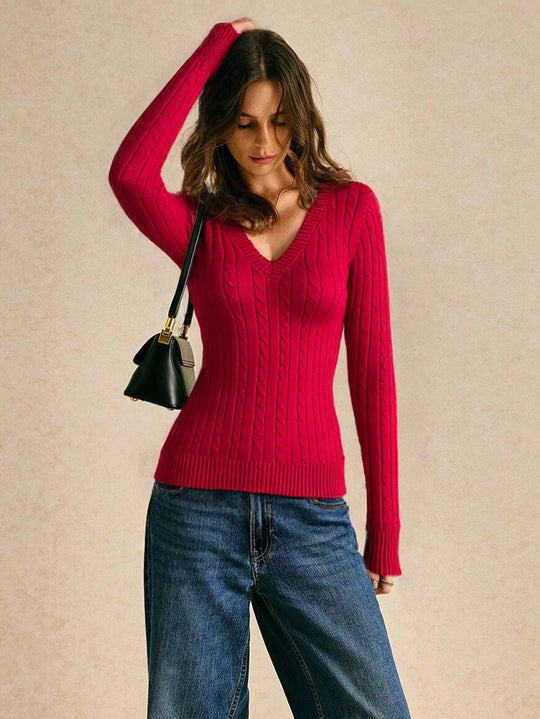 Damen figurbetonter Zopfmuster‑Pullover mit V‑Ausschnitt und taillierender Rippstruktur Eichborn Berlin