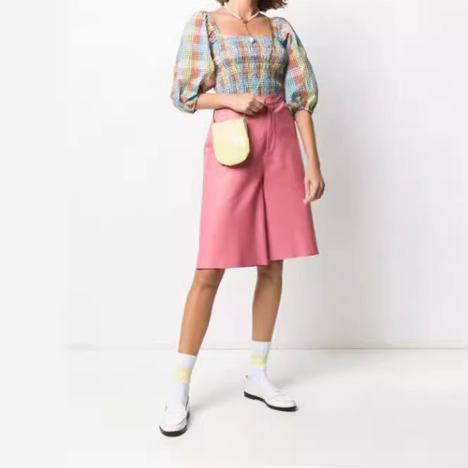 Damen Puffärmel Bluse mit kariertem Design EB