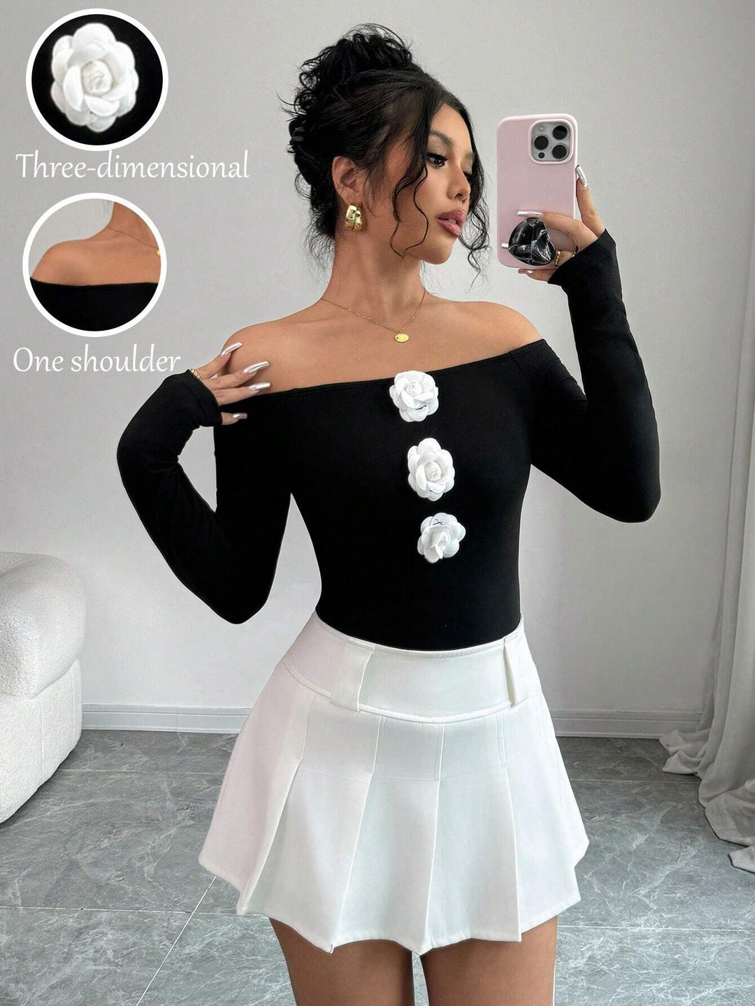 Damen Off-Shoulder Shirt mit dreidimensionalen Rosenapplikationen EB