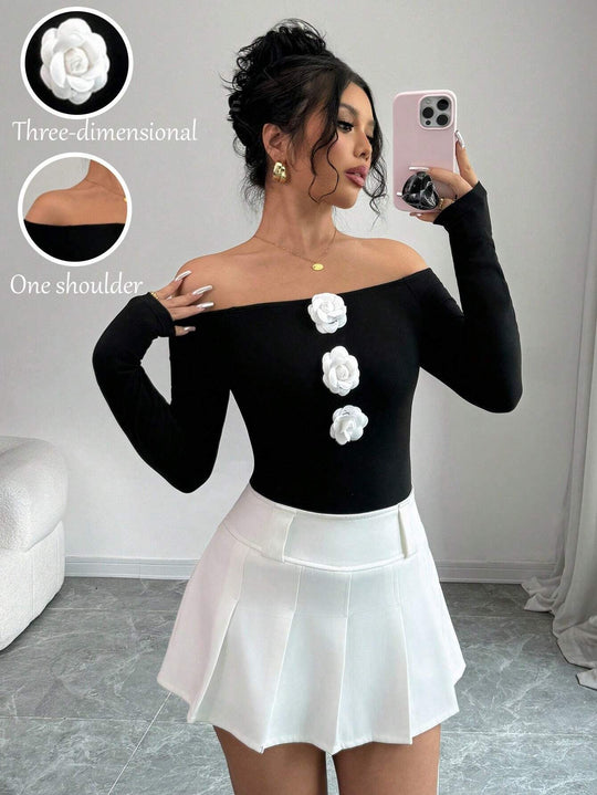 Damen Off-Shoulder Shirt mit dreidimensionalen Rosenapplikationen EB