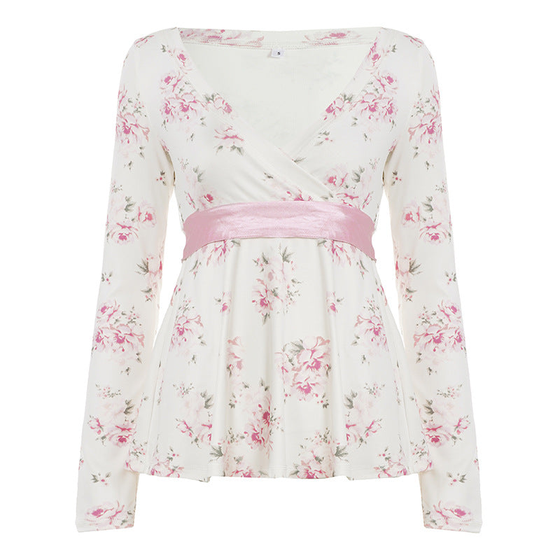 Damen nan florales Wickelshirt mit V-Ausschnitt, tailliertem Empire-Schnitt und breitem Satinband EB