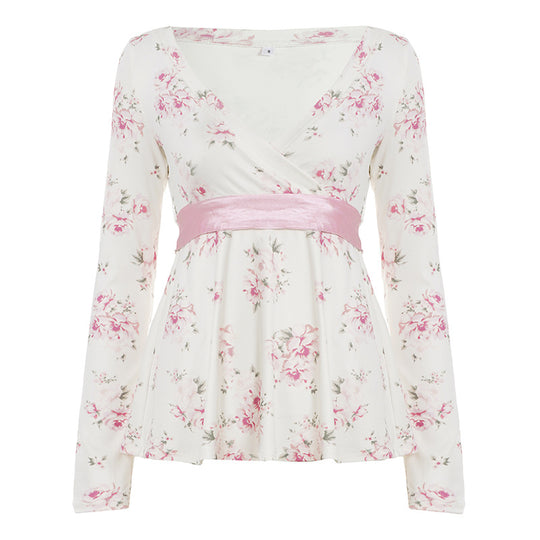 Damen nan florales Wickelshirt mit V-Ausschnitt, tailliertem Empire-Schnitt und breitem Satinband EB