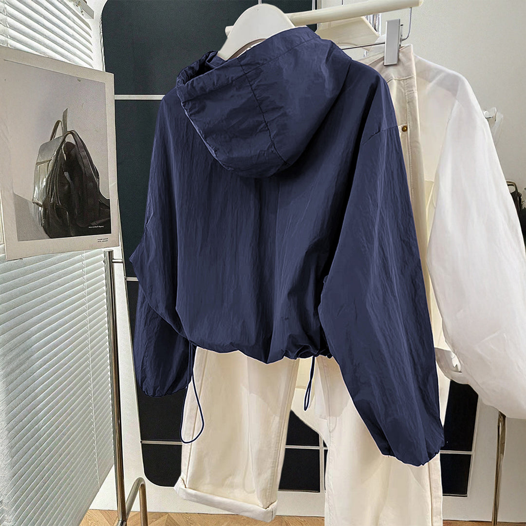Damen nan leichtgewichtige Kapuzen-Übergangsjacke mit Tunnelzugbündchen und Ballonärmeln EB