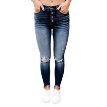 Damen Skinny Jeans mit hoher Taille und Destroyed-Details EB