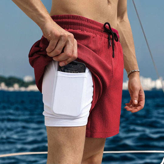 Herren nan zweilagige Badeshorts mit integrierter Kompressions-Innenhose und versteckter Handytasche EB