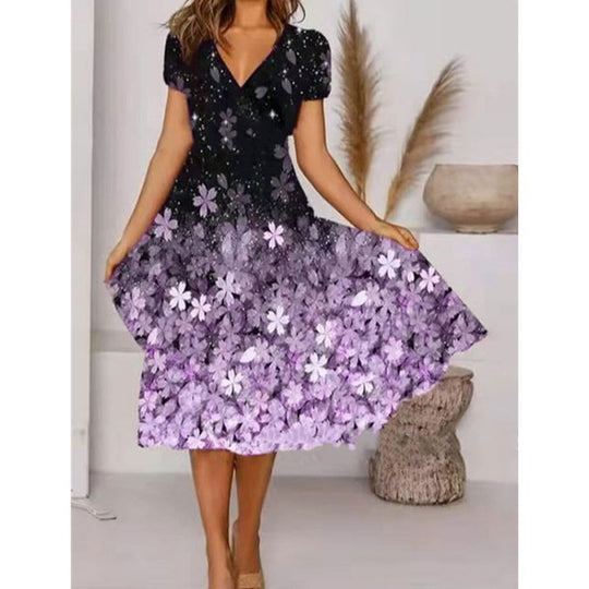 Damen A-Linie Sommerkleid mit V-Ausschnitt und floralen Akzenten EB
